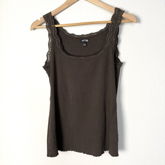 Retro 90s Y2K Rib Knit Lace Trim Tank Brown Womens Large Casual Grunge Layer - Picture 1 of 7